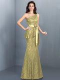 Trumpet/Mermaid One-Shoulder Lace Sleeveless Long Lace Bridesmaid Dresses TPP0005307