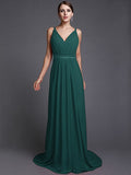 A-Line/Princess V-neck Sleeveless Long Ruffles Chiffon Bridesmaid Dresses TPP0005515