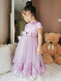 A-Line/Princess Tulle Lace Scoop Short Sleeves Ankle-Length Flower Girl Dresses TPP0007467