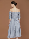 A-Line/Princess Off-the-Shoulder Short Sleeves Lace Tea-Length Chiffon Bridesmaid Dress TPP0005561