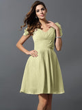 A-Line/Princess V-neck Hand-Made Flower Short Sleeves Short Chiffon Bridesmaid Dresses TPP0005481