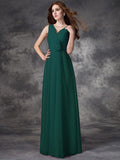 A-line/Princess V-neck Hand-Made Flower Sleeveless Long Chiffon Bridesmaid Dresses TPP0005784