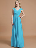 A-Line/Princess V-neck Sleeveless Ruched Floor-Length Chiffon Bridesmaid Dresses TPP0005567