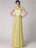 Sheath/Column Halter Sleeveless Pleats Long Elastic Woven Satin Chiffon Bridesmaid Dresses TPP0005653