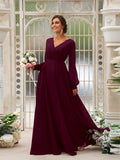 A-Line/Princess Chiffon Ruched V-neck Long Sleeves Floor-Length Bridesmaid Dresses TPP0004950