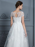 A-Line/Princess Scoop Short Sleeves Tea-Length Beading Tulle Wedding Dresses TPP0006474