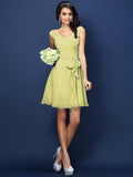 A-Line/Princess V-neck Pleats Bowknot Sleeveless Short Chiffon Bridesmaid Dresses TPP0005372