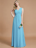 A-Line/Princess V-neck Sleeveless Ruched Floor-Length Chiffon Bridesmaid Dresses TPP0005343