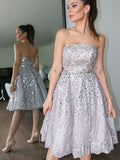 A-Line/Princess Strapless Sleeveless Sequin Knee-Length Tulle Homecoming Dresses TPP0004277