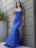 Trumpet/Mermaid Satin Ruffles Spaghetti Straps Sleeveless Sweep/Brush Train Dresses TPP0001683