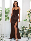 Sheath/Column Elastic Woven Satin Ruched Spaghetti Straps Sleeveless Sweep/Brush Train Bridesmaid Dresses TPP0004935