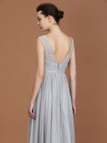 A-Line/Princess V-neck Sleeveless Floor-Length Chiffon Lace Bridesmaid Dress TPP0005698