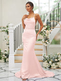 Sheath/Column Charmeuse Ruched Square Sleeveless Sweep/Brush Train Bridesmaid Dresses TPP0004912