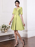 Sheath/Column V-neck Half Sleeves Pleats Taffeta Bridesmaid Dresses TPP0005658