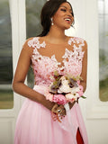 A-Line/Princess Chiffon Applique Scoop Sleeveless Floor-Length Bridesmaid Dresses TPP0004918