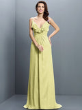 A-Line/Princess Spaghetti Straps Pleats Sleeveless Long Chiffon Bridesmaid Dresses TPP0005548