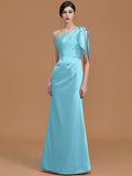 Trumpet/Mermaid One-Shoulder Sleeveless Floor-Length Ruched Satin Bridesmaid Dresses TPP0005353