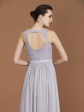 A-Line/Princess Scoop Lace Floor-Length Ruched Chiffon Bridesmaid Dress TPP0005643