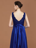 A-Line/Princess V-neck Sleeveless Satin Asymmetrical Lace Bridesmaid Dress TPP0005532