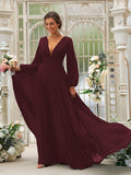 A-Line/Princess Chiffon Ruffles V-neck Long Sleeves Sweep/Brush Train Bridesmaid Dresses TPP0004894