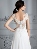 A-Line/Princess Sleeveless V-neck Sweep/Brush Train Chiffon Wedding Dresses TPP0006487