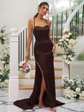 Sheath/Column Elastic Woven Satin Ruched Square Sleeveless Sweep/Brush Train Bridesmaid Dresses TPP0004933