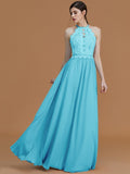 A-Line/Princess Halter Sleeveless Floor-Length Lace Chiffon Bridesmaid Dresses TPP0005137