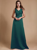 A-Line/Princess V-neck Long Sleeveless Elastic Woven Satin Bridesmaid Dresses TPP0005409