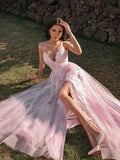 A-Line/Princess Tulle Applique V-neck Sleeveless Sweep/Brush Train Dresses TPP0001430