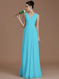 A-Line/Princess V-neck Sleeveless Ruched Floor-Length Chiffon Bridesmaid Dresses TPP0005037