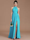 A-Line/Princess Halter Sleeveless Ruched Floor-Length Chiffon Bridesmaid Dresses TPP0005060