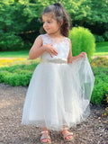 A-Line/Princess Tulle Lace Scoop Sleeveless Tea-Length Flower Girl Dresses TPP0007477