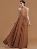 A-Line/Princess Halter Sleeveless Floor-Length Lace Chiffon Bridesmaid Dresses TPP0005137