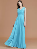 A-Line/Princess V-neck Sleeveless Floor-Length Lace Chiffon Bridesmaid Dresses TPP0005542