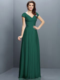 A-Line/Princess V-neck Pleats Short Sleeves Long Chiffon Bridesmaid Dresses TPP0005256