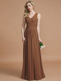 A-Line/Princess V-neck Chiffon Floor-Length Sleeveless Bridesmaid Dresses TPP0005466