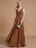 A-Line/Princess Sleeveless V-neck Floor-Length Chiffon Bridesmaid Dresses TPP0005347