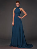 A-Line/Princess Halter Sleeveless Hand-Made Flower Long Chiffon Bridesmaid Dresses TPP0004909