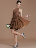 A-Line/Princess Halter Sleeveless Lace Short/Mini Chiffon Bridesmaid Dresses TPP0005132