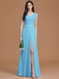 A-Line/Princess V-neck Sleeveless Floor-Length Ruched Chiffon Bridesmaid Dresses TPP0005284