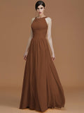 A-Line/Princess Halter Sleeveless Floor-Length Ruched Chiffon Bridesmaid Dresses TPP0005325