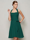 A-Line/Princess Halter Sleeveless Pleats Bowknot Short Chiffon Bridesmaid Dresses TPP0005094