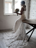 Sheath/Column Lace Applique Spaghetti Straps Sleeveless Court Train Wedding Dresses TPP0005976