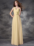 A-line/Princess V-neck Hand-Made Flower Sleeveless Long Chiffon Bridesmaid Dresses TPP0005784