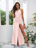 Sheath/Column Charmeuse Ruched Scoop Sleeveless Sweep/Brush Train Bridesmaid Dresses TPP0004919