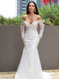 Trumpet/Mermaid Tulle Applique Off-the-Shoulder Long Sleeves Sweep/Brush Train Wedding Dresses TPP0006069