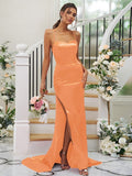 Sheath/Column Elastic Woven Satin Ruched Square Sleeveless Sweep/Brush Train Bridesmaid Dresses TPP0004933