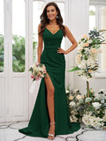 Sheath/Column Stretch Crepe Ruched V-neck Sleeveless Sweep/Brush Train Bridesmaid Dresses TPP0004893