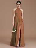 A-Line/Princess Halter Sleeveless Ruched Floor-Length Chiffon Bridesmaid Dresses TPP0005060