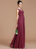 A-Line/Princess V-neck Sleeveless Ruched Floor-Length Chiffon Bridesmaid Dresses TPP0005504